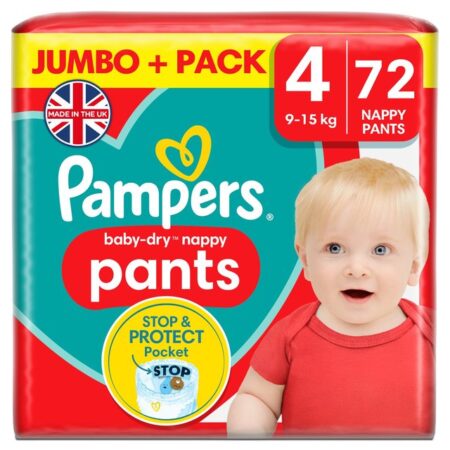 Pampers Baby-Dry Nappy Pants Size 4, 72 Nappies, 9kg – 15kg, Jumbo+ Pack