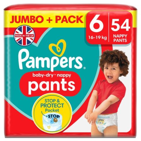 Pampers Baby-Dry Nappy Pants Size 6, 54 Nappies, 14kg – 19kg, Jumbo+ Pack