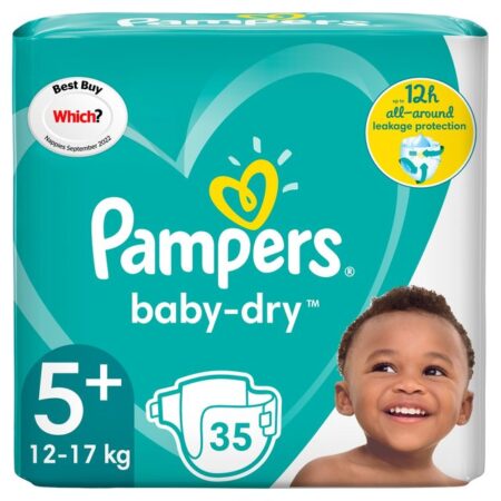 Pampers Baby-Dry Size 5+, 35 Nappies, 12kg-17kg, Essential Pack 35 per pack