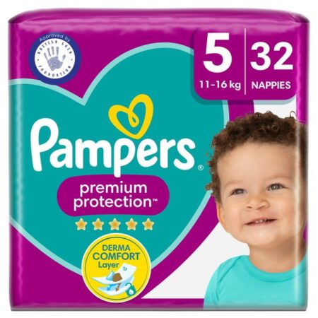 Pampers Premium Protection Size 5, 32 Nappies, 11kg – 16kg, Essential Pack