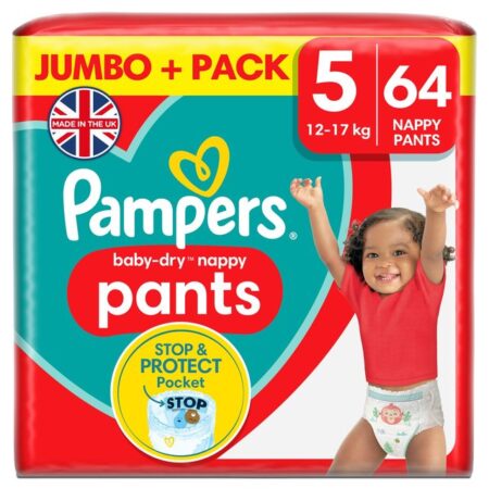Pampers Baby-Dry Nappy Pants Size 5, 64 Nappies, 12kg – 17kg, Jumbo+ Pack