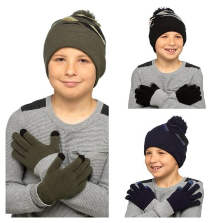 KIDS CAMO PRINT BOBBLE HAT AND GLOVE SET