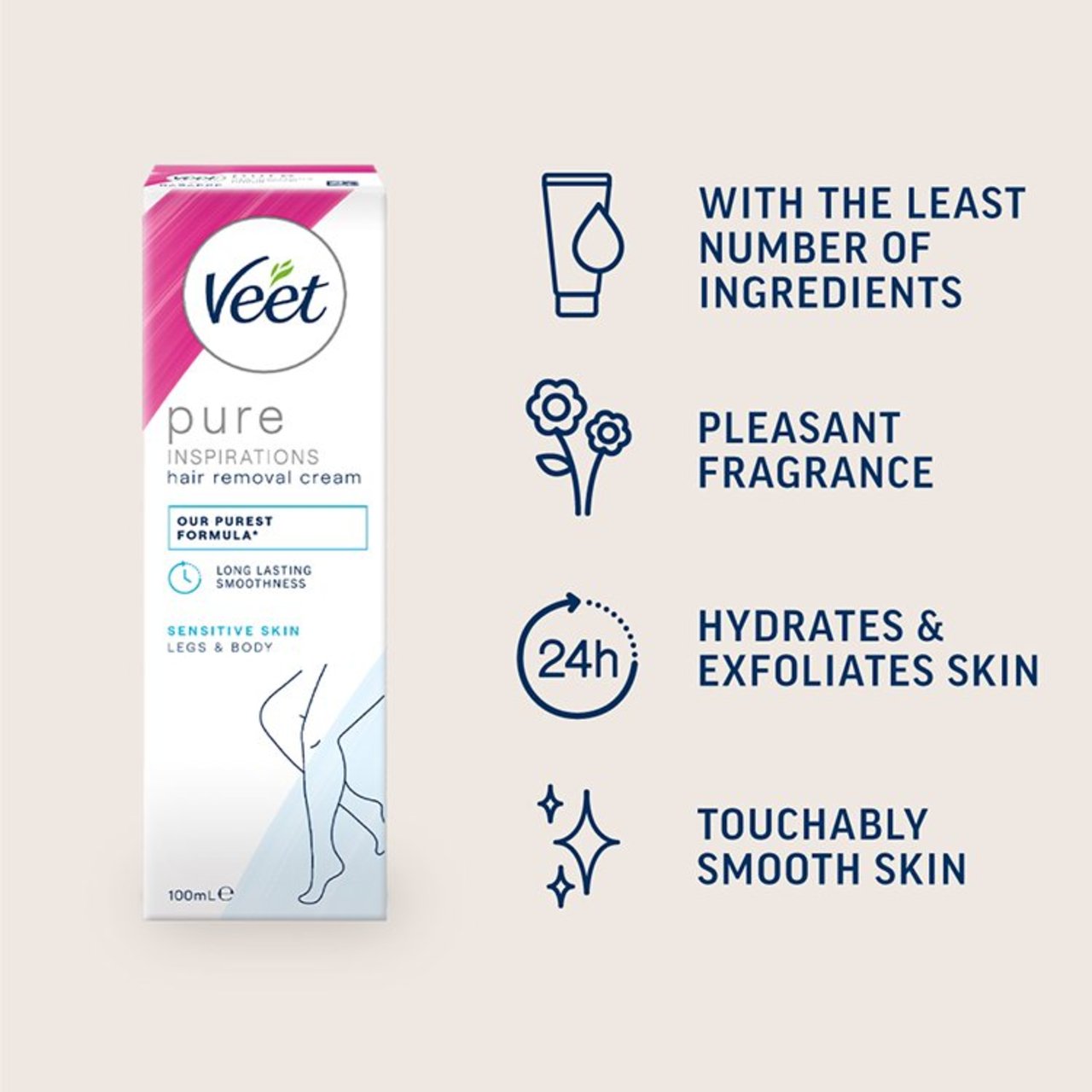 Veet Pure Hair Removal Cream Body & Legs for Sensitive Skin 100ml - Image 2