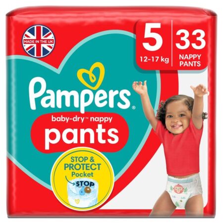 Pampers Baby-Dry Nappy Pants Size 5, 33 Nappies, 12kg – 17kg Essential Pack