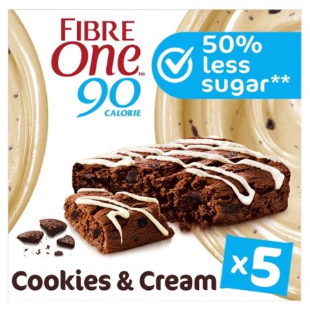 Fibre One 90 Calorie Snack Bars Cookies Cream Drizzle Squares 5 x 24g